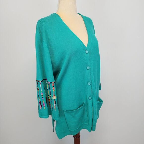 Bob Mackie Wearable Art Cardigan Sweater Size XL Green Dreamcatcher Embroidered - Picture 4 of 16